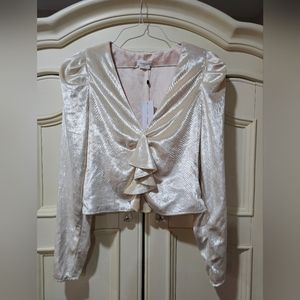 Lovers + Friends Small Cream Shimmer Velvet, Velour L/S Blouson Sleeve Ruffles